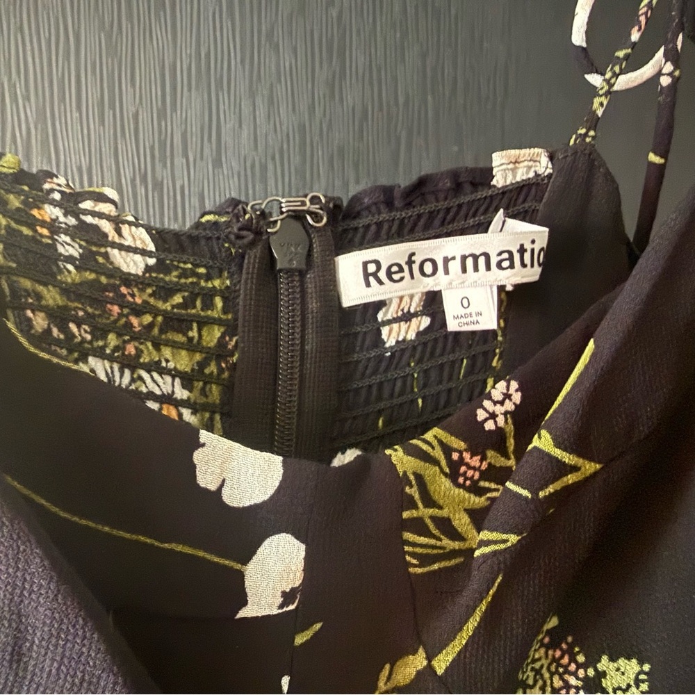 Reformation Black Floral Midi Dress with Green & Cream Print - Picture 5 of 6
